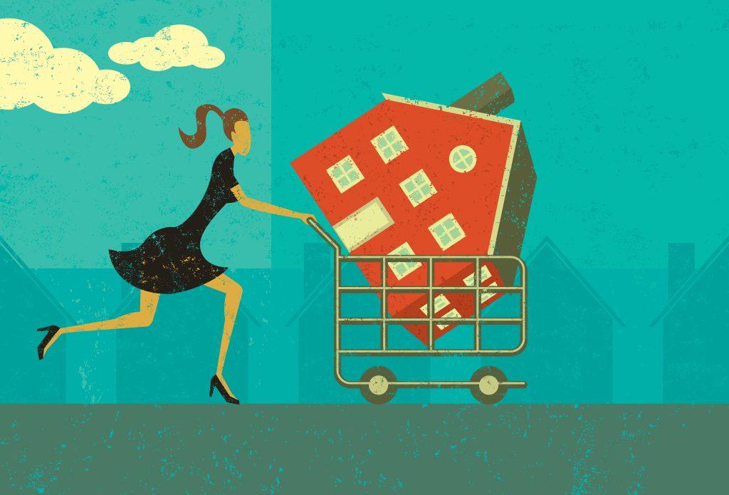 Colorful illustration of a woman pushing a shopping cart with a house in it