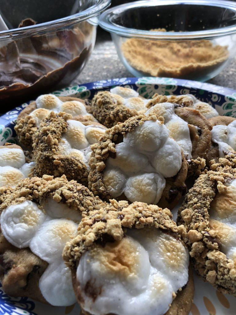 plate full of delicious smores cookies - topped with marshmallows