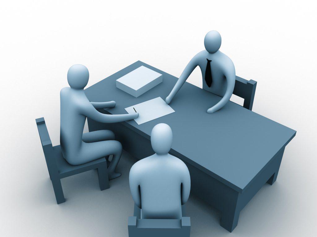 illustration of a meeting with one person on one side of desk and two people on the other side. One is signing paperwork
